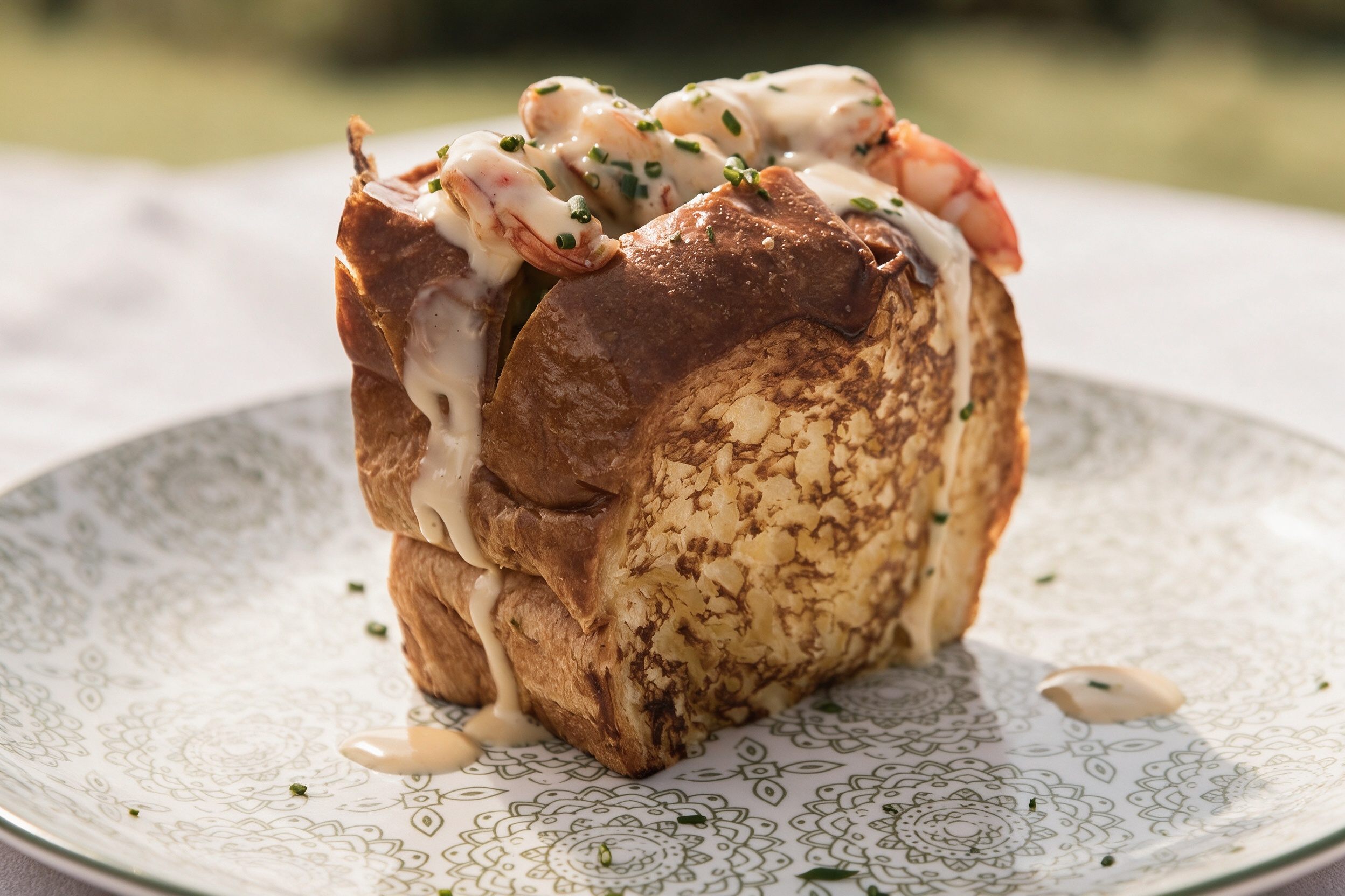 Brioche de gambones con salsa cremosa